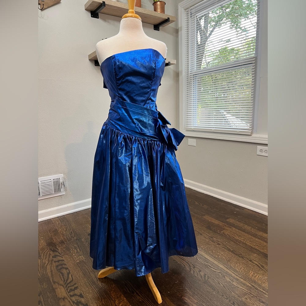 80’s Vintage Prom Part Dress Royal Blue Metallic Lame Small Size 0